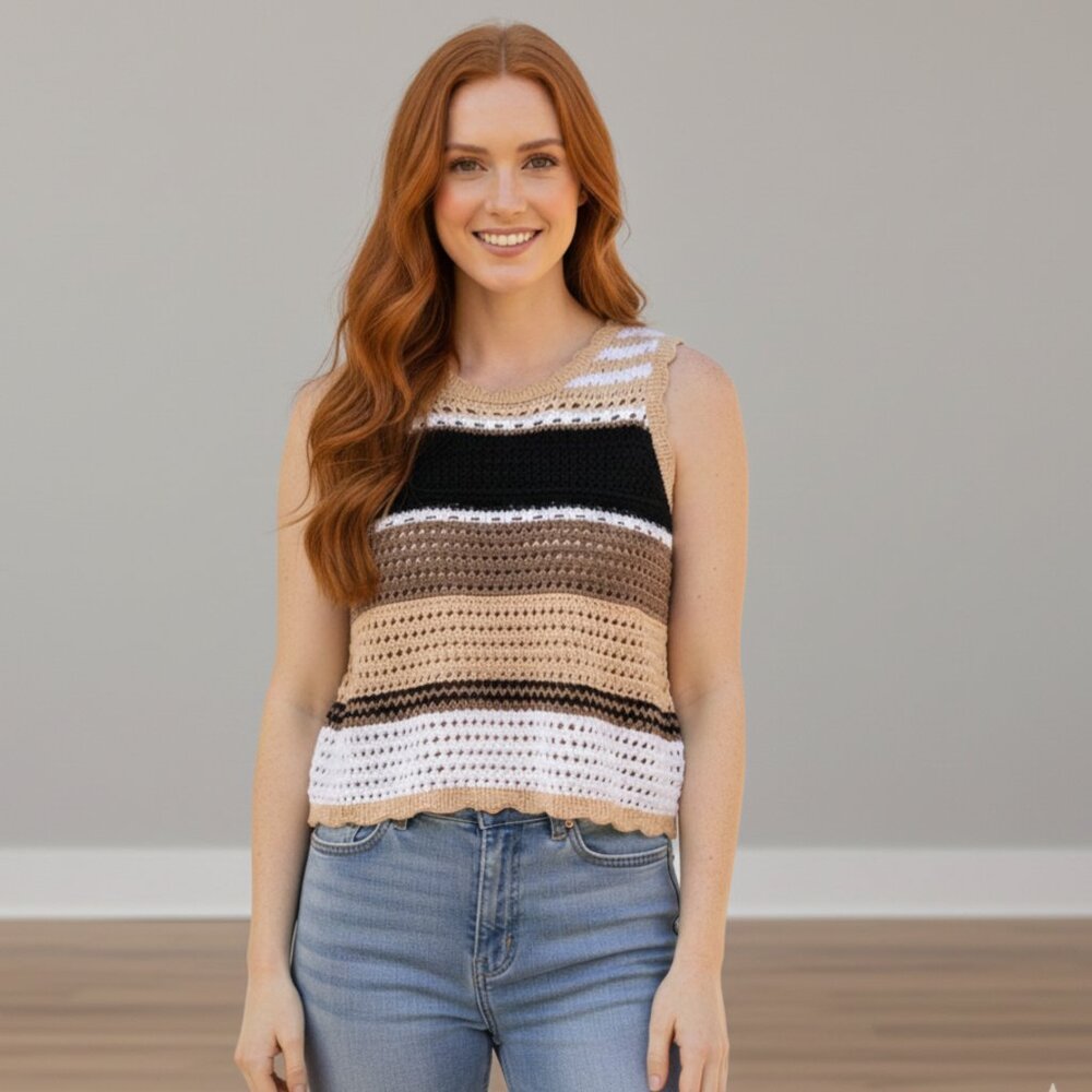New Brown Crochet Women’s Top with Eyelet Hole Detail – Size Large